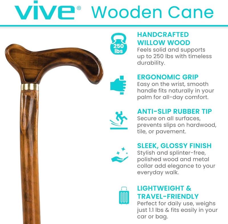 VIVE عصا مشي خشبية - للرجال والنساء وكبار السن - 36 بوصة نقطة واحدة طرف مطاطي مع مقبض صفصاف - قبضة مريحة للتوازن والثبات - منتج خفيف الوزن لمساعدة كبار السن - Image 2